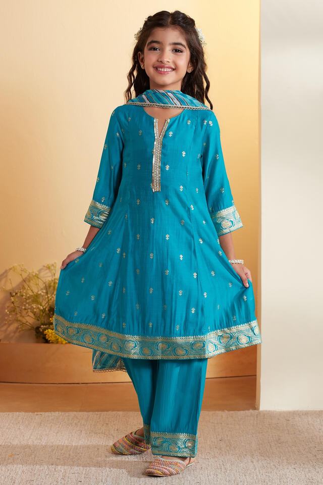 BIBA Viscose Rayon Printed A-Line Festive Kurta With Palazzo And Dupatta in Teal