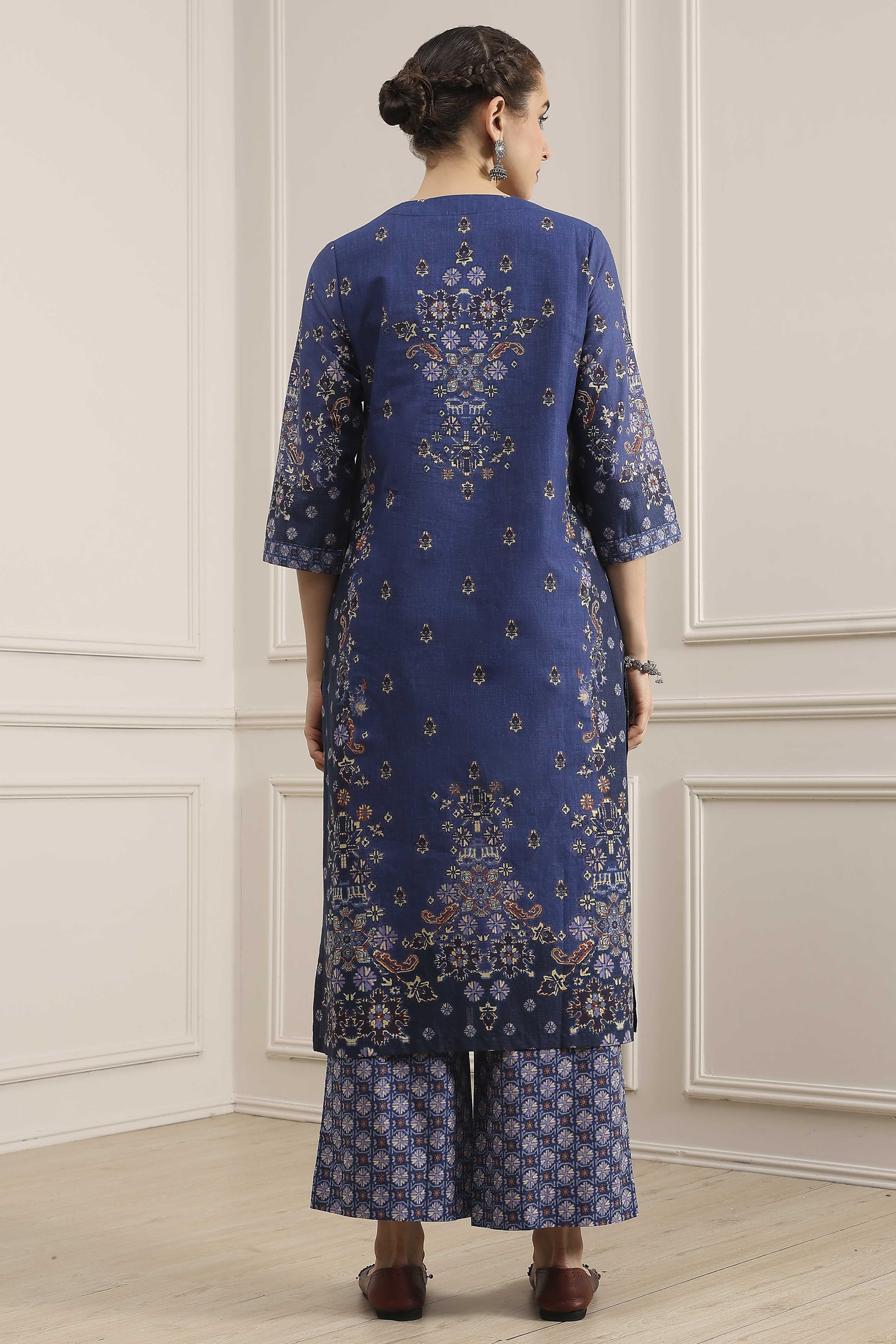 Blue Cotton Printed Straight Suit Set image number 4