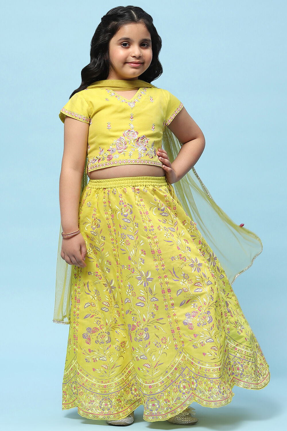 Lime Yellow Poly Chanderi Floral Lehenga Set image number 0