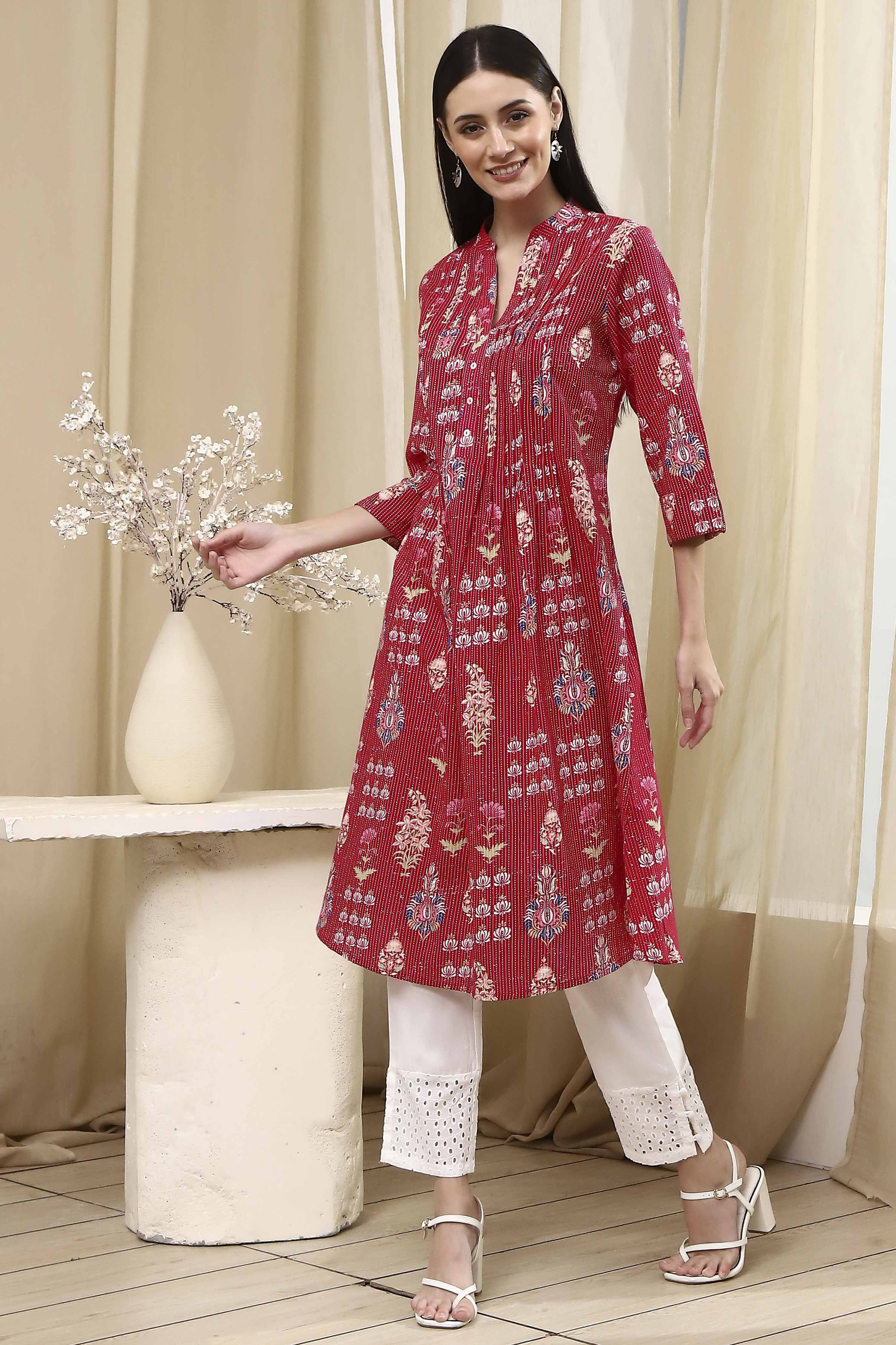 Pink Cotton Printed A-Line Kurta image number 2