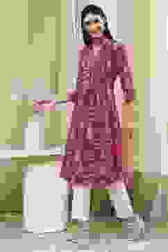 Pink Cotton Printed A-Line Kurta image number 2