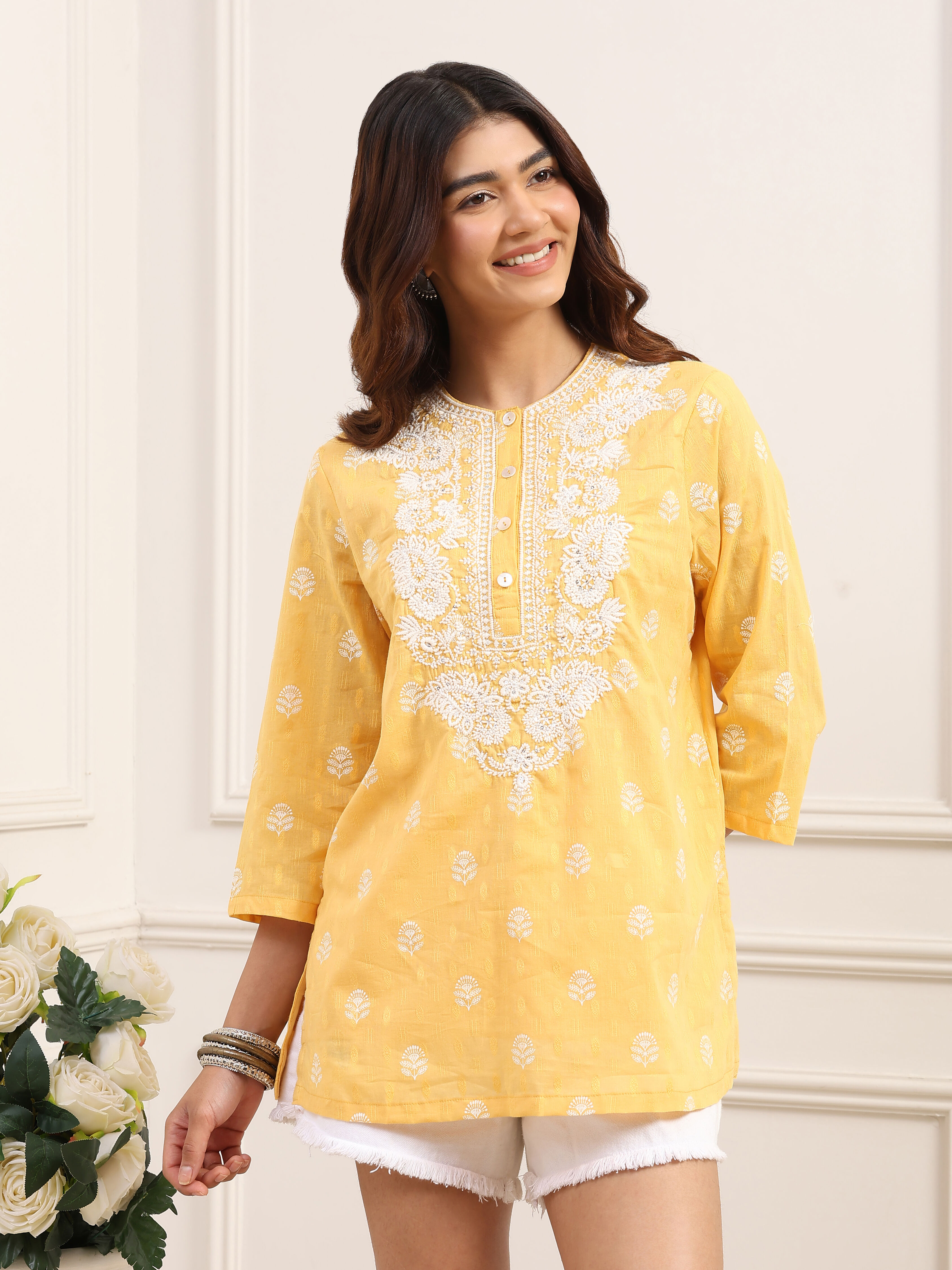Yellow Cotton  Short Kurti image number 5
