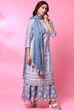 Off White And Blue Cotton Straight Kurta Sharara Suit Set image number 6