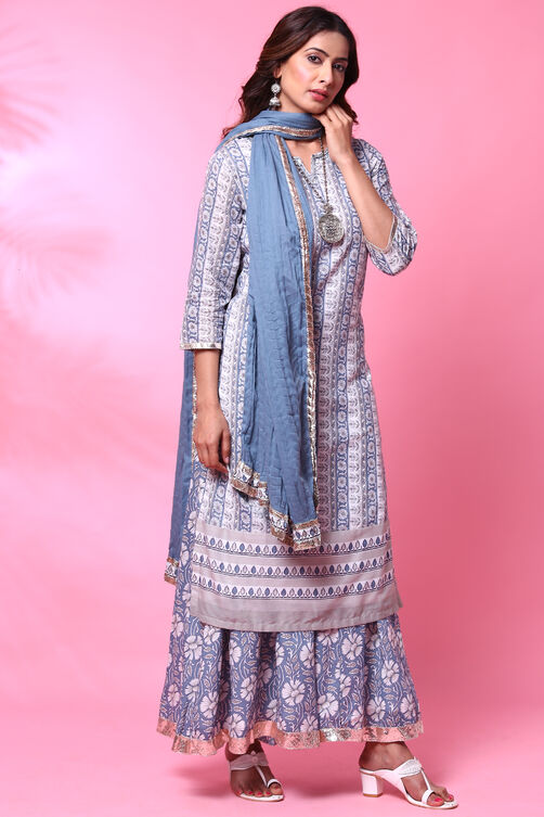 Off White And Blue Cotton Straight Kurta Sharara Suit Set image number 6