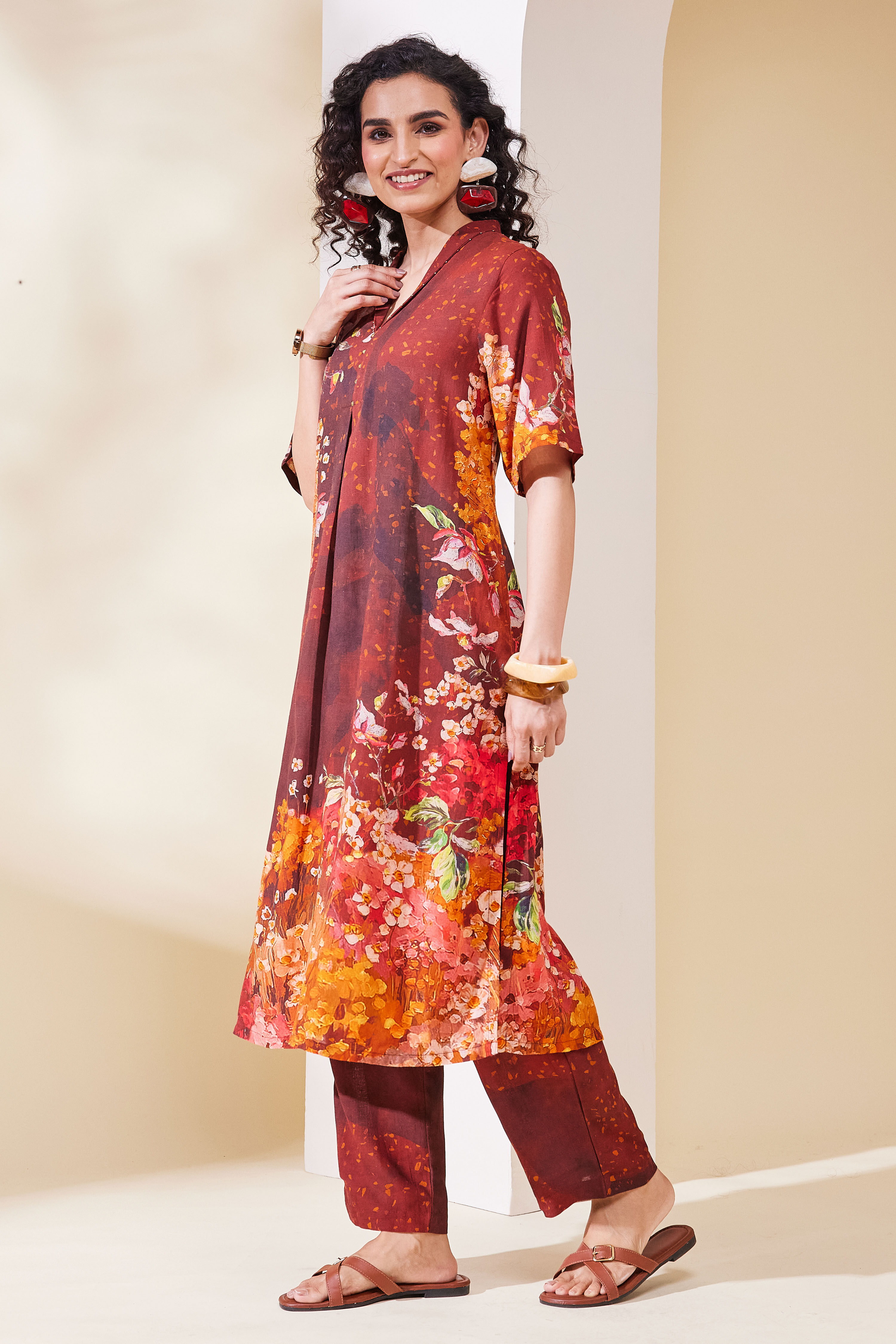 Brown Viscose Rayon A Line Kurta Pants Set image number 3