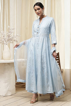 Powder Blue Cotton Embellished Anarkali Suit Set image number 0