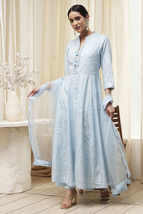 Off-White Cotton Embellished Anarkali Suit Set image number 0
