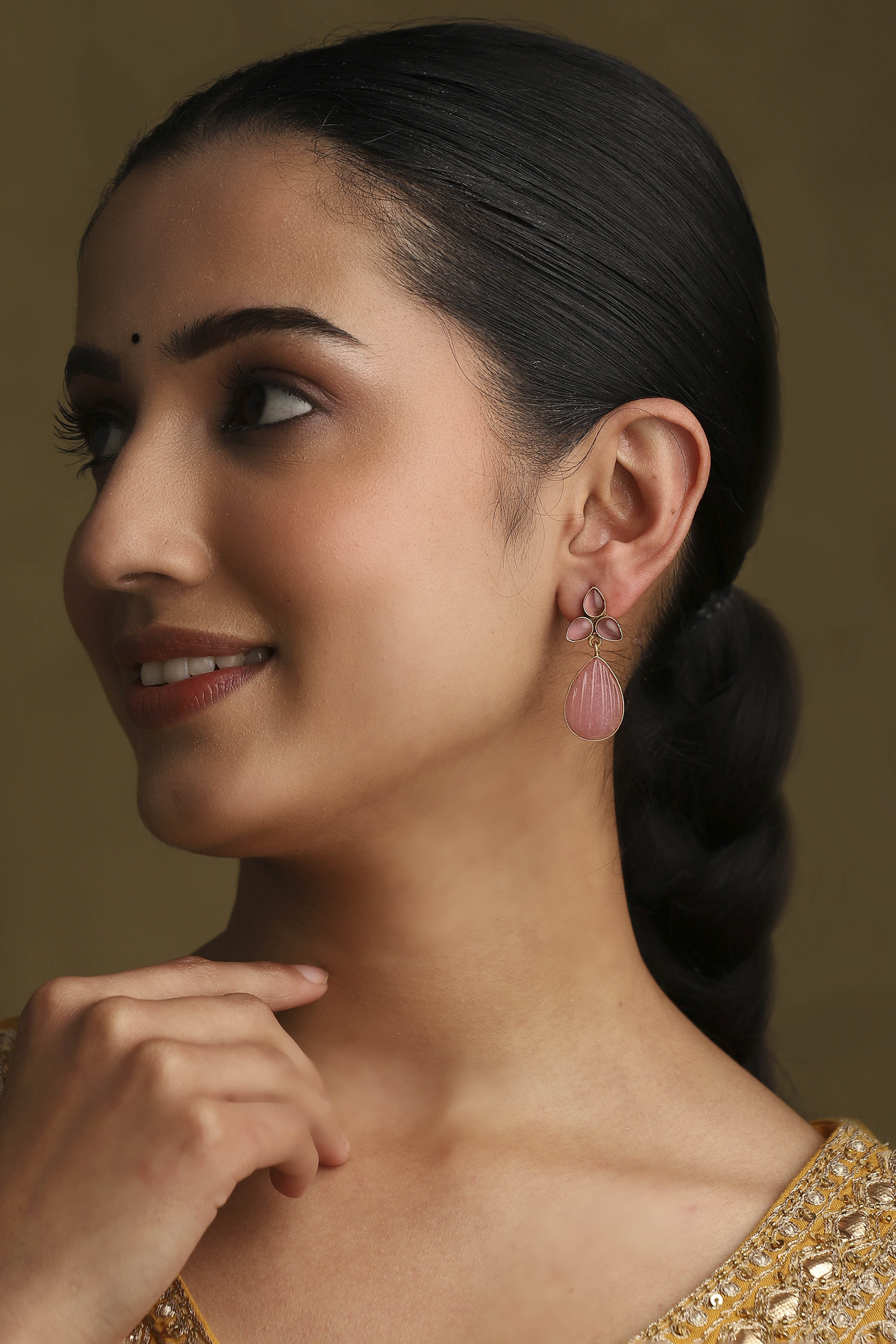 Pink Gold Plated Brass Studded Drop Earrings image number 3