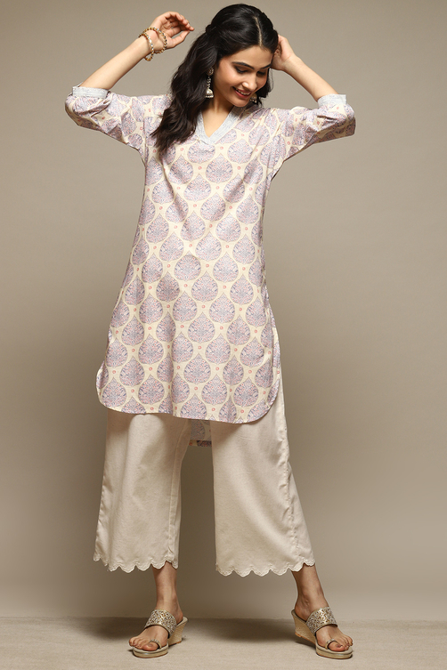 Off White Cotton Straight Printed Kurta image number 0