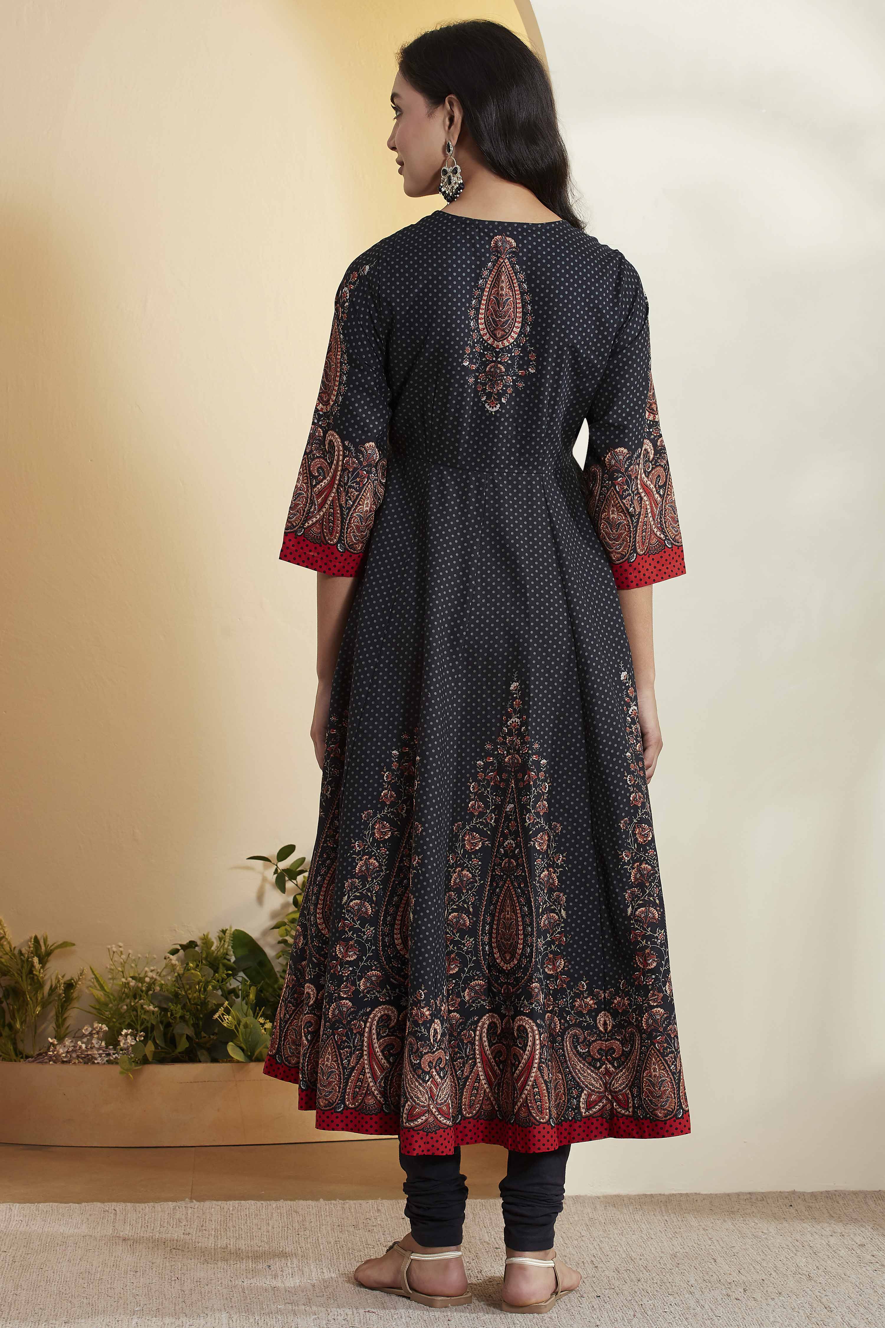 Black Cotton Paisley Printed Anarkali Kurta Set image number 6