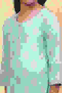 Turquoise Cotton Straight Printed Kurta Patiala Salwar Suit Set image number 1