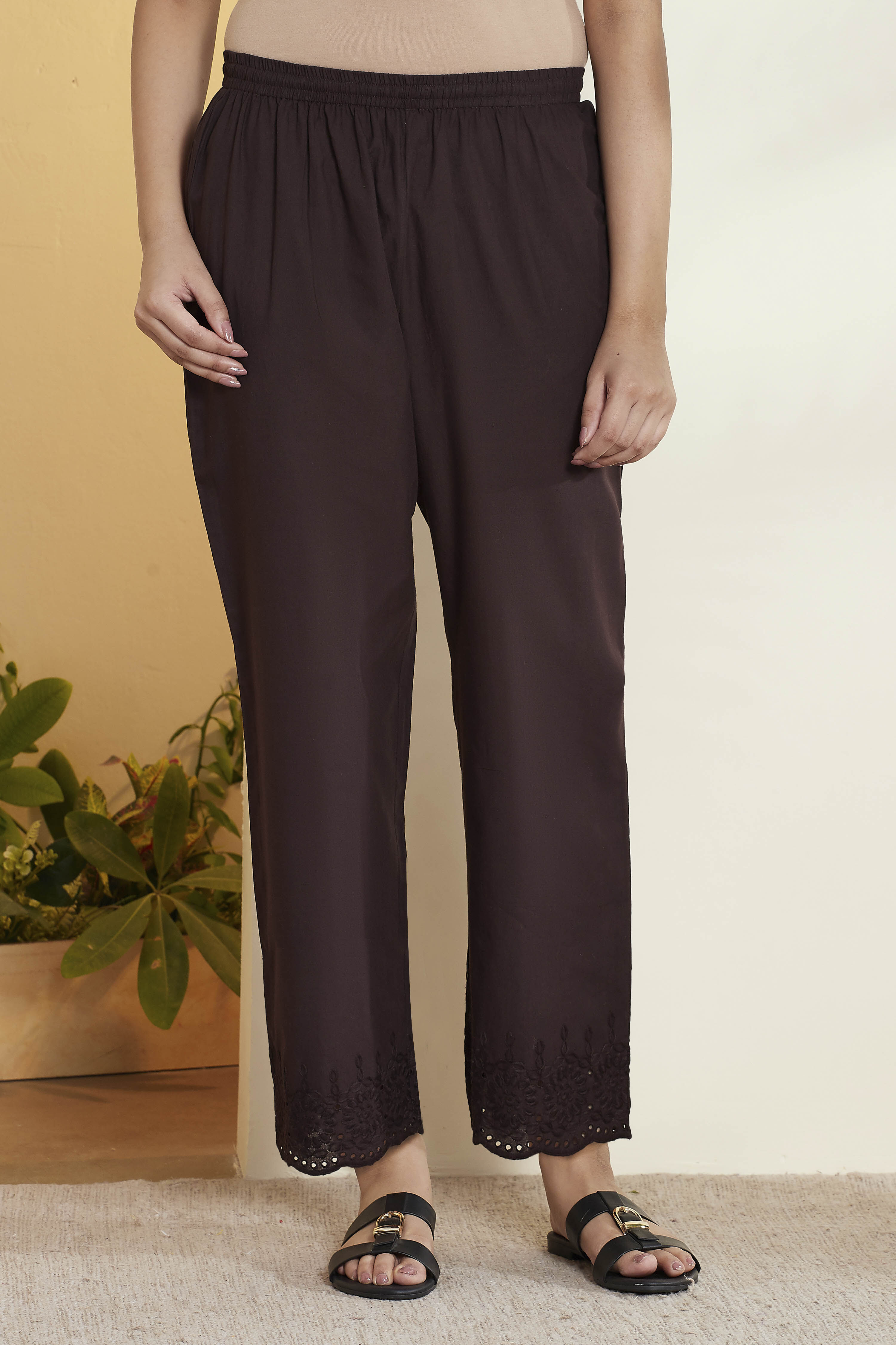 Chocolate Cotton Straight Palazzos image number 0