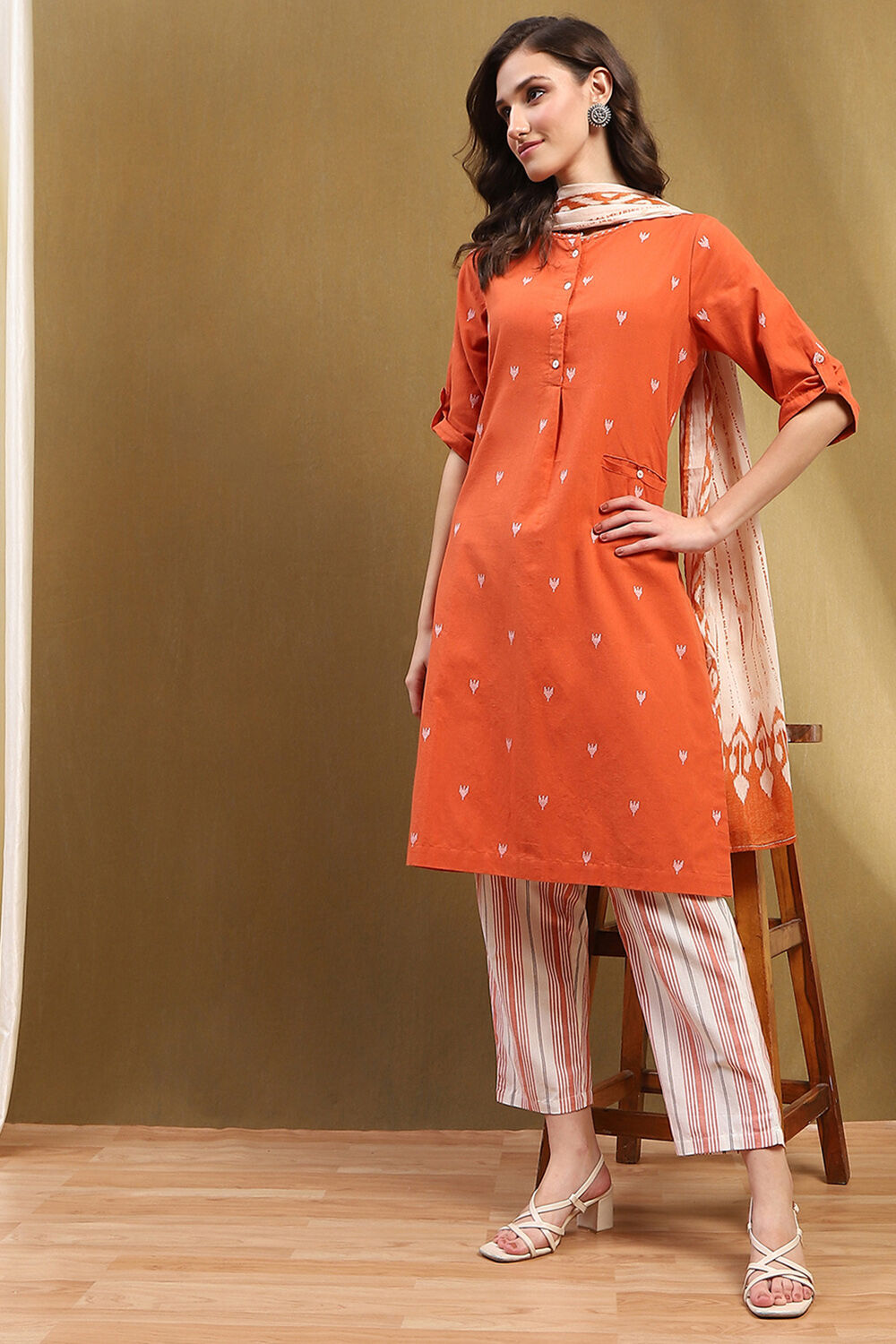 Orange Cotton Printed Straight Suit Set image number 0