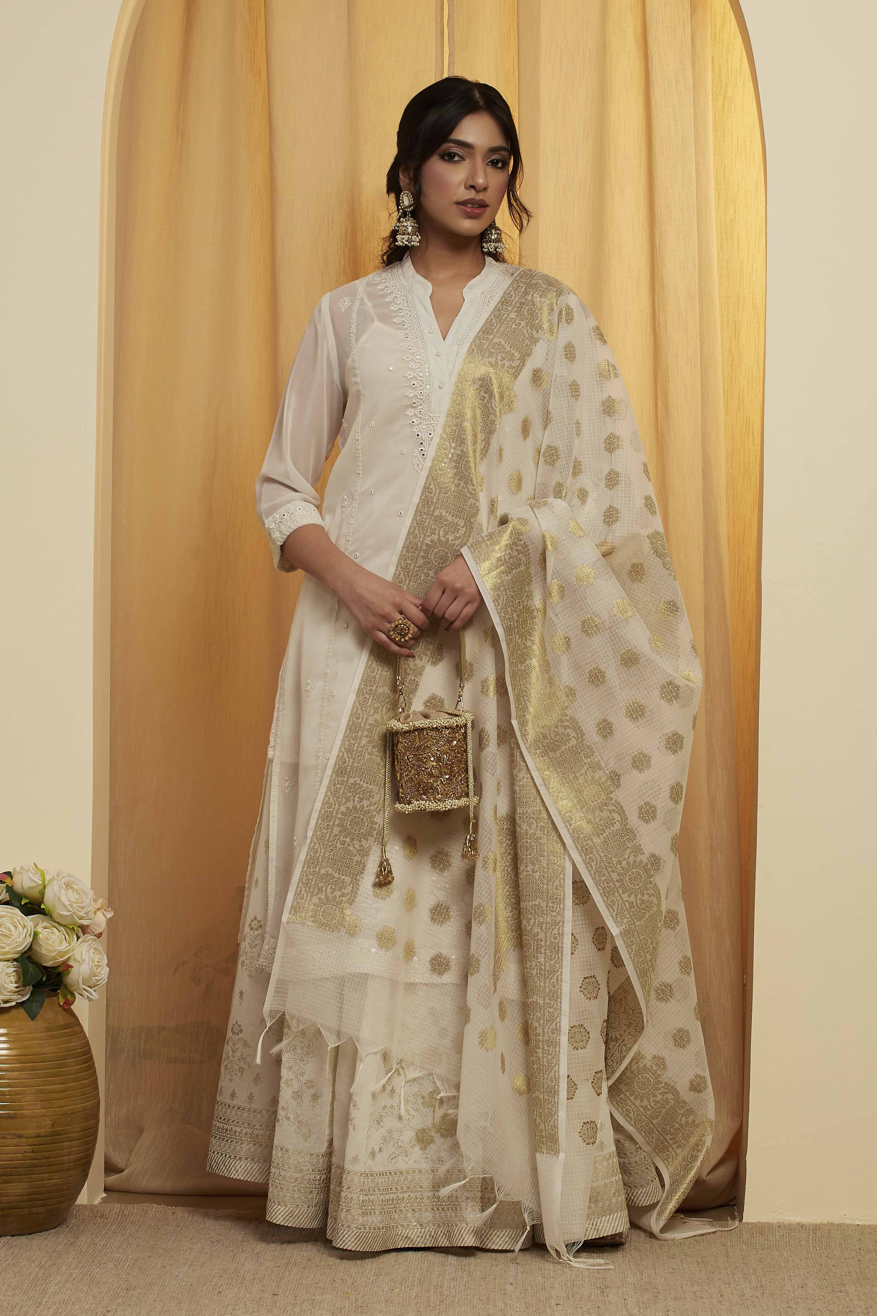 Off White Gold Woven Design Tasseled Dupatta image number 0