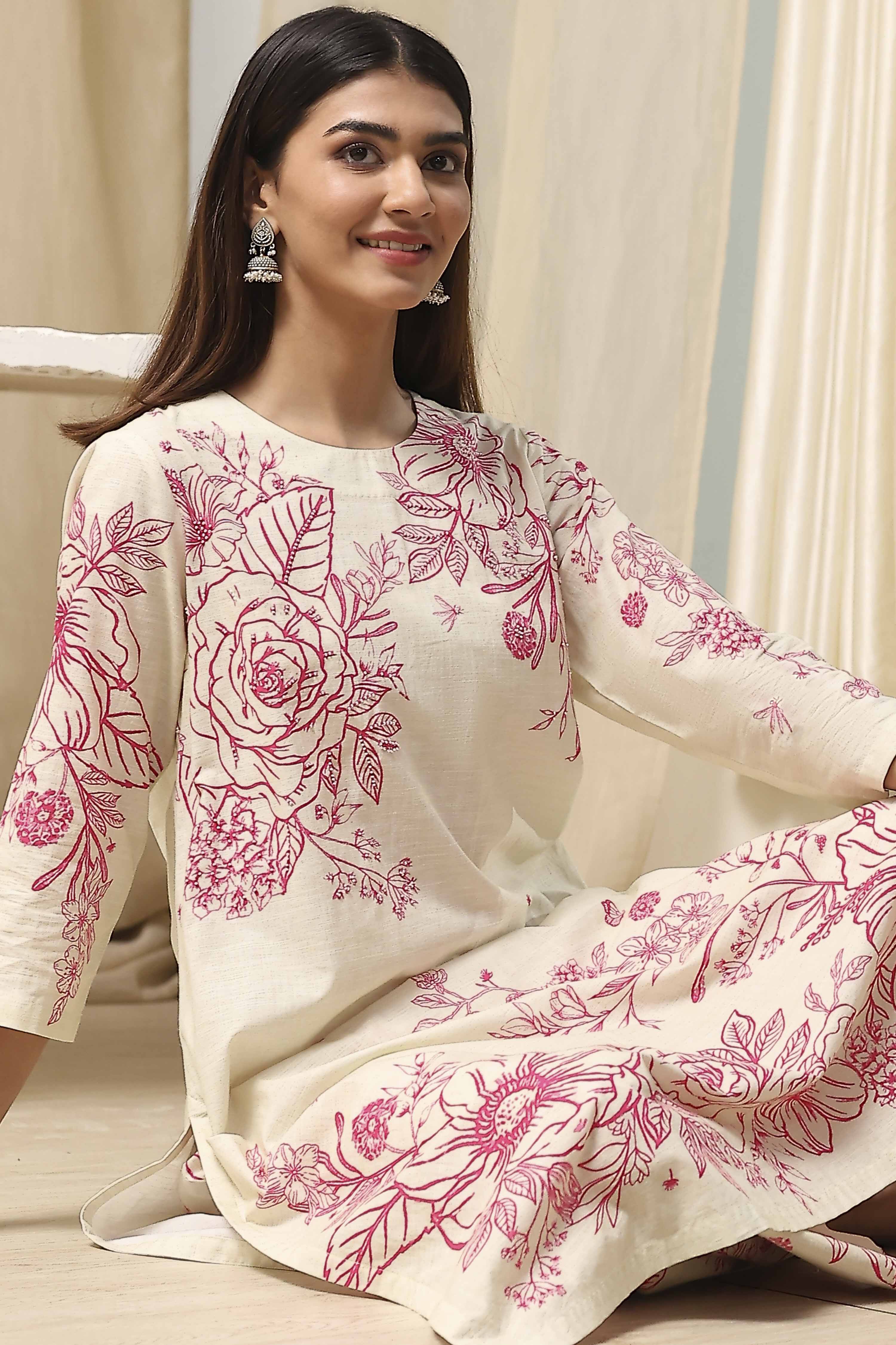 Off-White and Blue Cotton Straight Suit Set image number 7