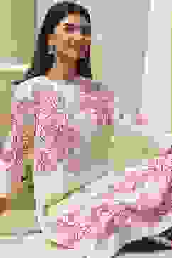 Off-White and Pink Cotton Straight Suit Set image number 7