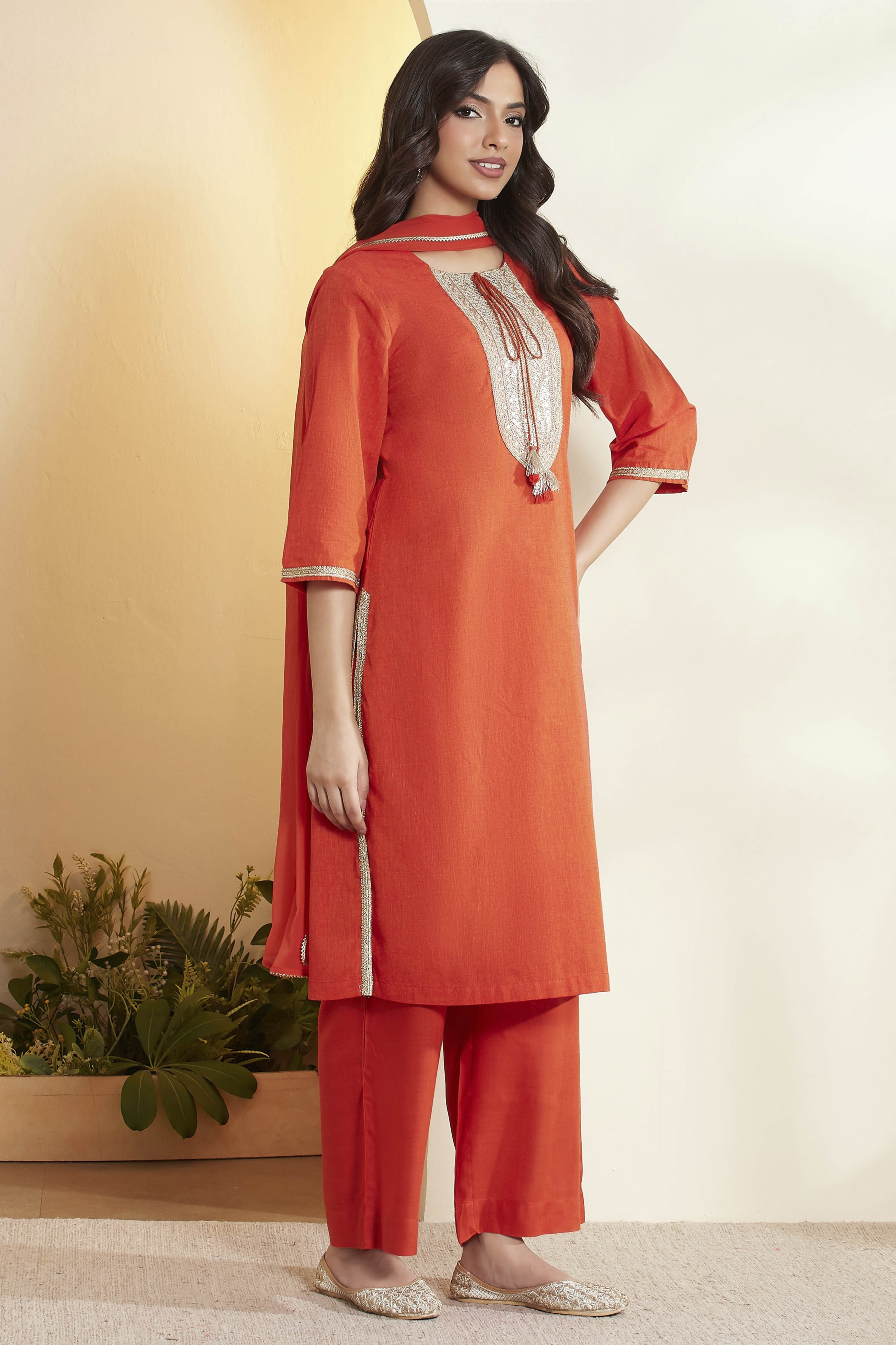 Rust Cotton Yoke Design Straight Kurta Set image number 5