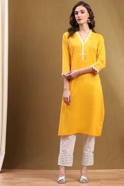 Yellow Cotton Solid Regular Fit Straight Kurta image number 5