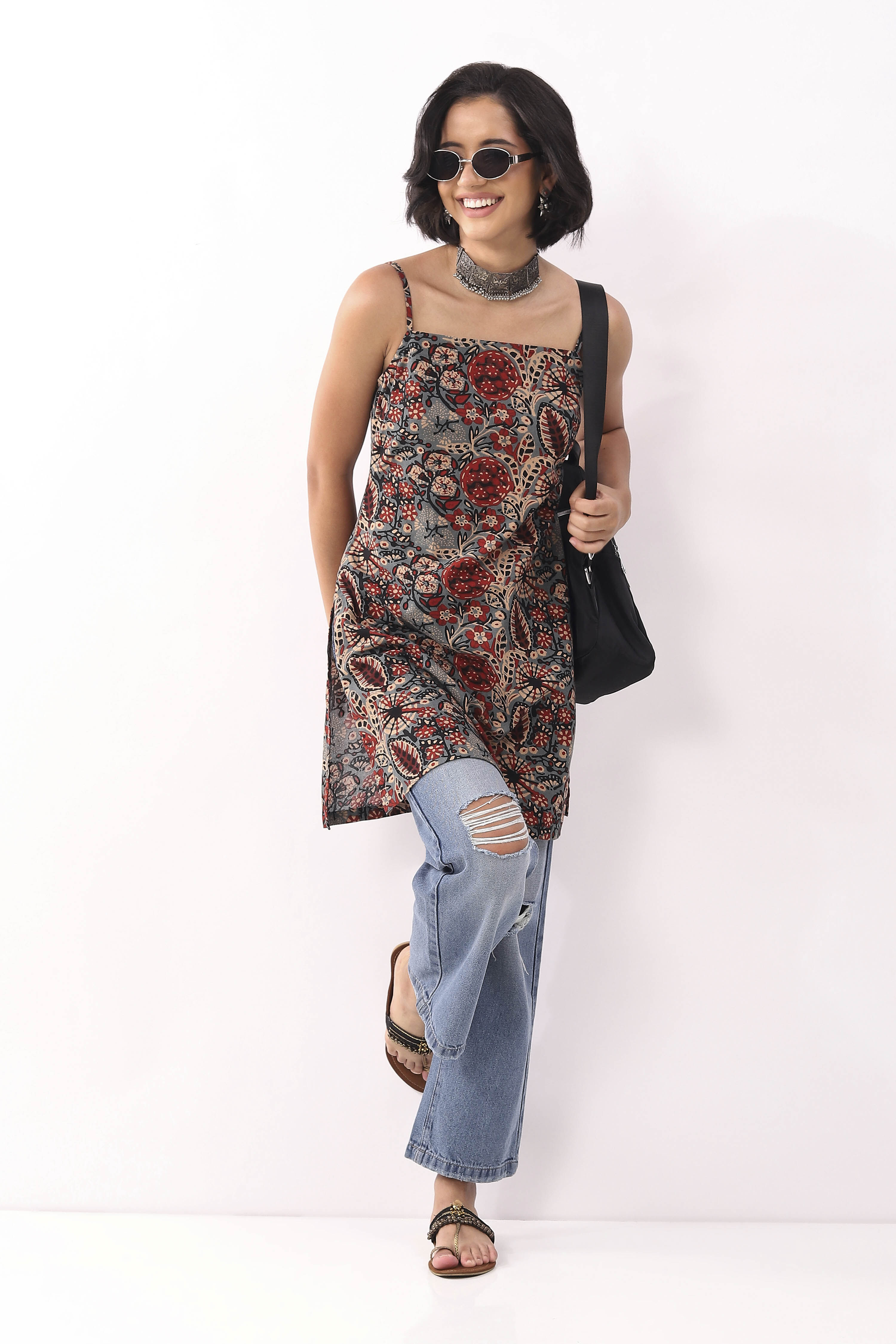 Green Cotton Geometric Printed Lace-Up Kurti image number 0