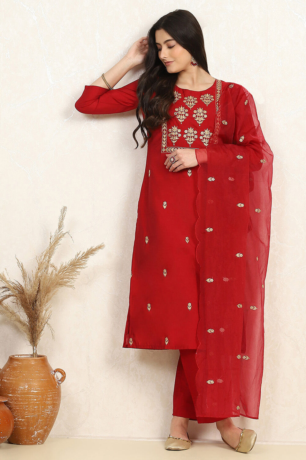 Red Silk Blend Machine Embroidered Unstitched Suit Set image number 1