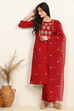 Red Silk Blend Machine Embroidered Unstitched Suit Set image number 1