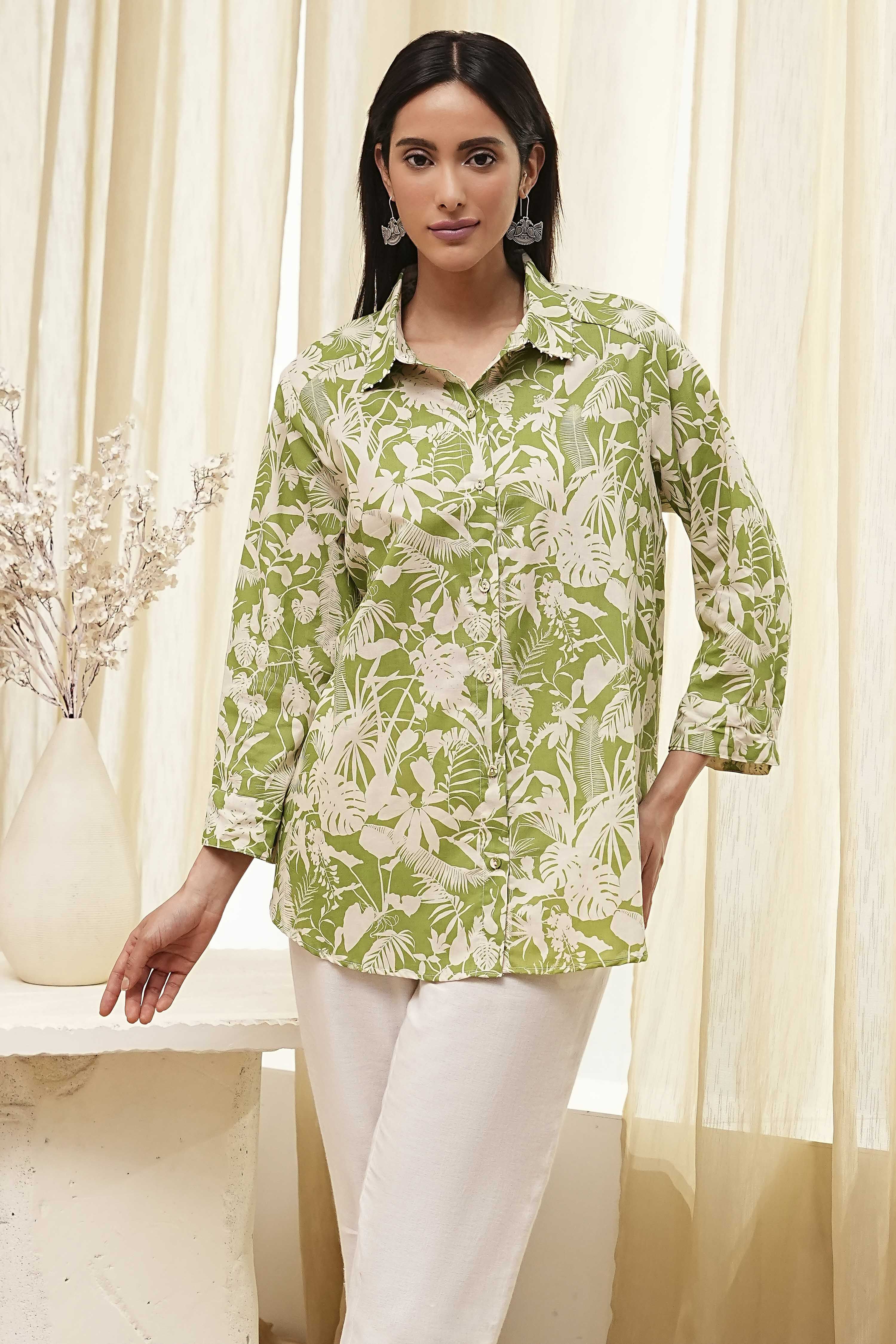 Green Cotton Floral Printed Straight Shirt image number 0