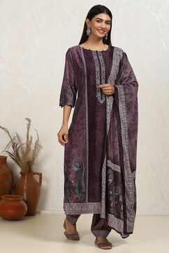 Purple Velvet Digital Print Unstitched Suit Set image number 6
