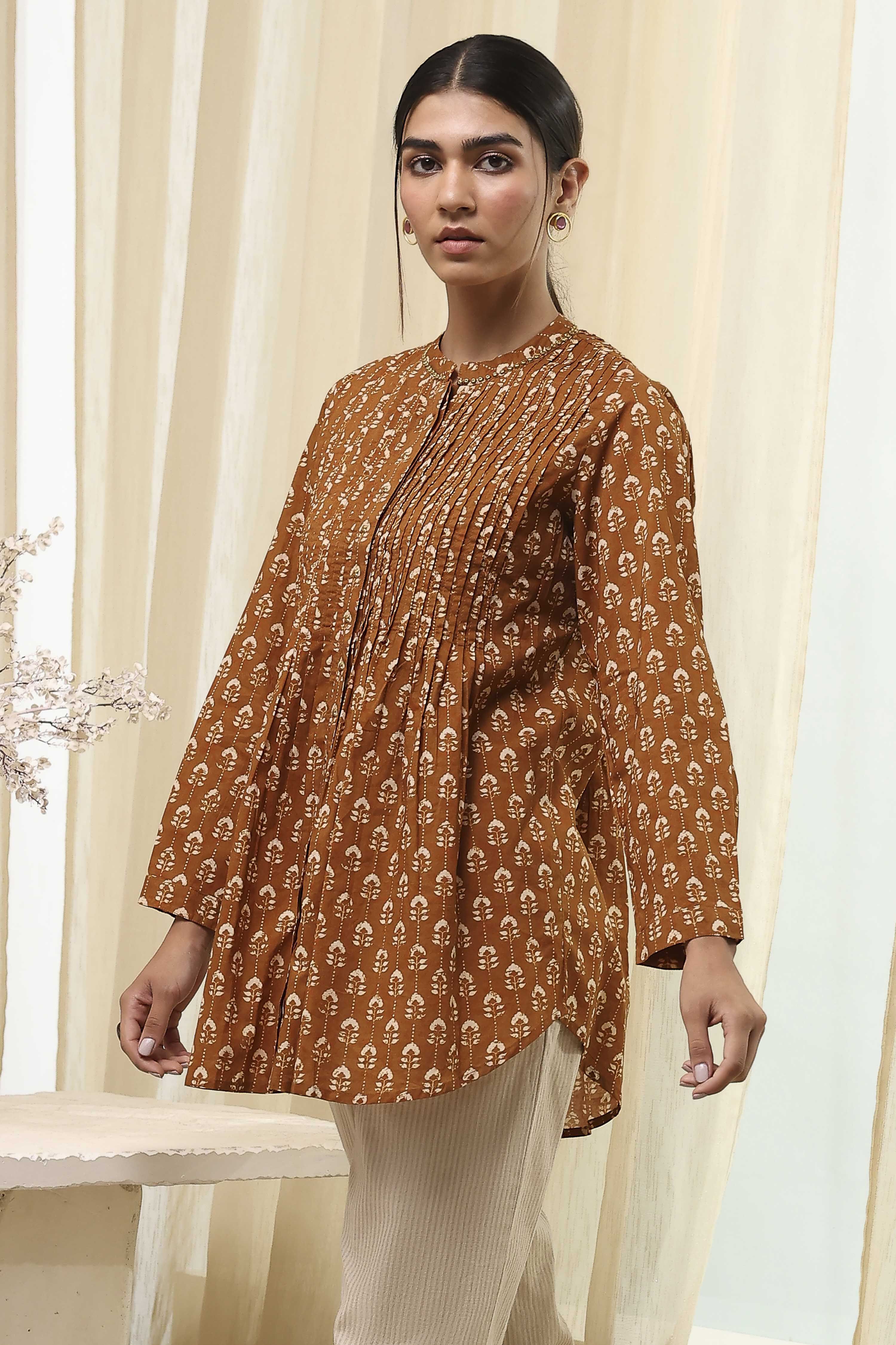 Mustard Brown Cotton Printed Shirt image number 2