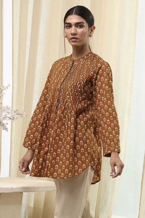 Mustard Brown Cotton Printed Shirt image number 2