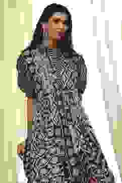 Black and Beige Cotton Printed Tiered Dress image number 6