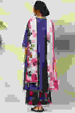 Blue And Off White Cotton Straight Suit Set image number 4