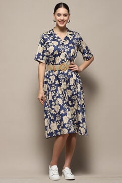 Blue Pure Cotton Floral Printed Straight Dress image number 6