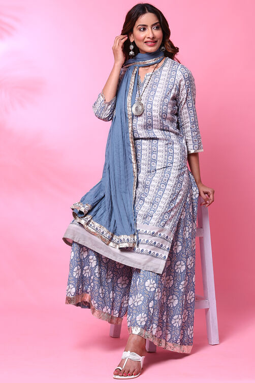 Off White And Blue Cotton Straight Kurta Sharara Suit Set image number 7