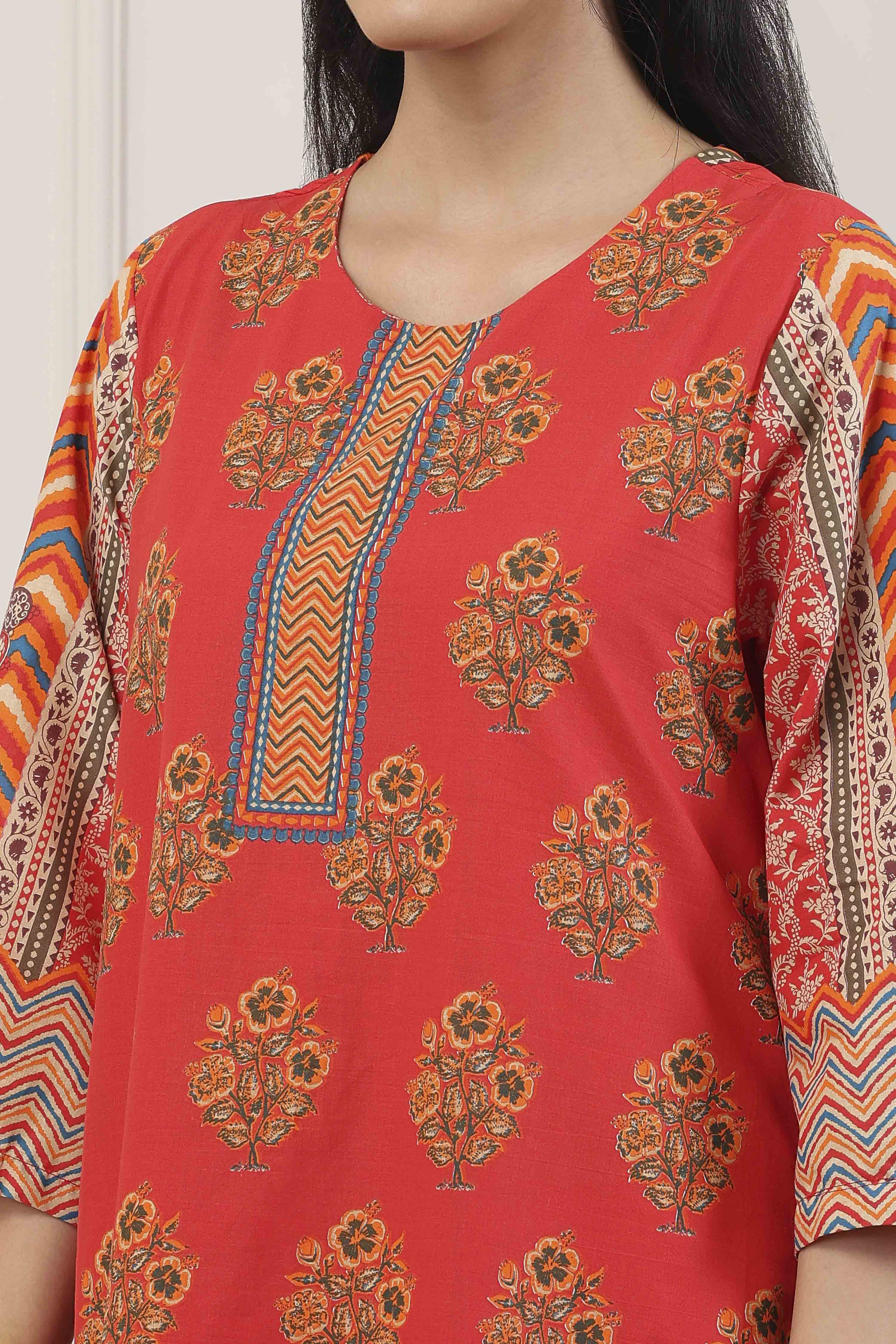 Red Cotton Straight Suit Set image number 1