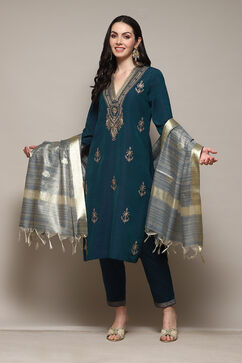 Teal Poly Viscose Straight Kurta Slim Pant Suit Set image number 0