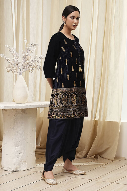 Navy Blue Polyester Straight Kurta Pants Set image number 5