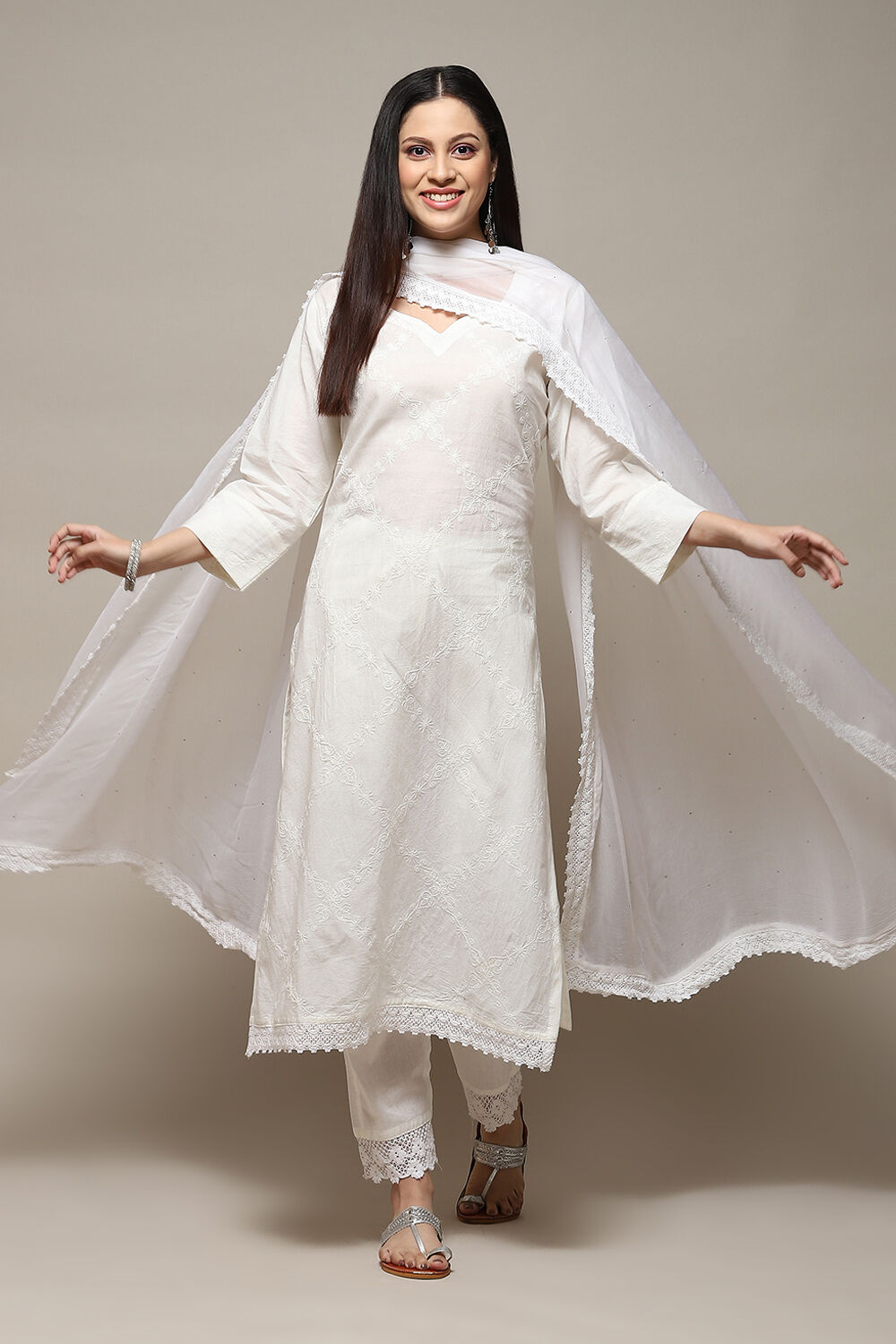 Off White Cotton Printed Unstitched Suit Set image number 1