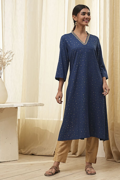 Blue Foil Printed Straight Kurta image number 5
