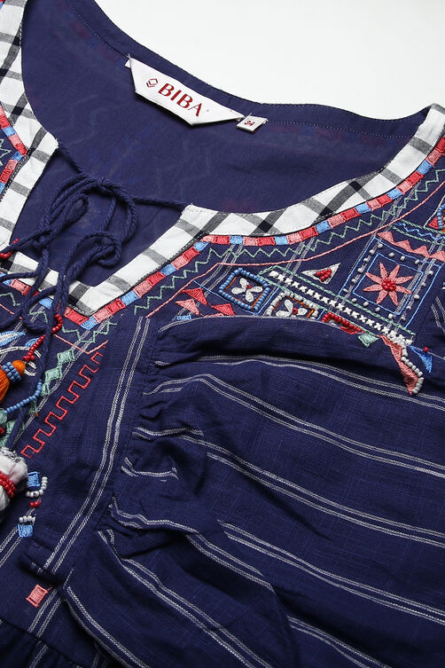 Blue Cotton Flared Fusion Wear Dress image number 1