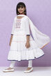 Off White Cotton Girls Tiered Kurta Churidar Suit Set image number 5