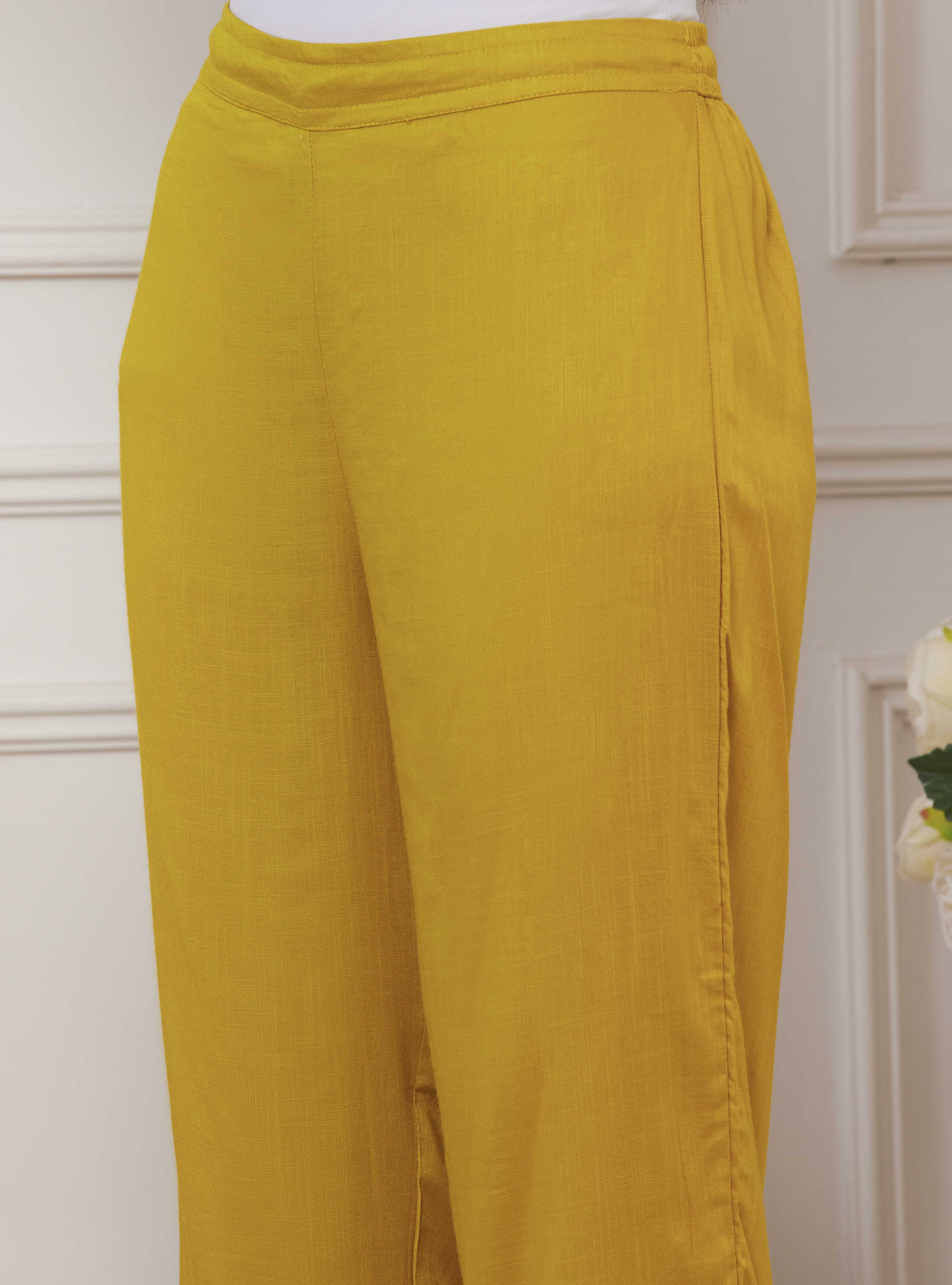 Lime Yellow Chanderi Floral Printed Asymmetric Straight Kurta Set image number 2