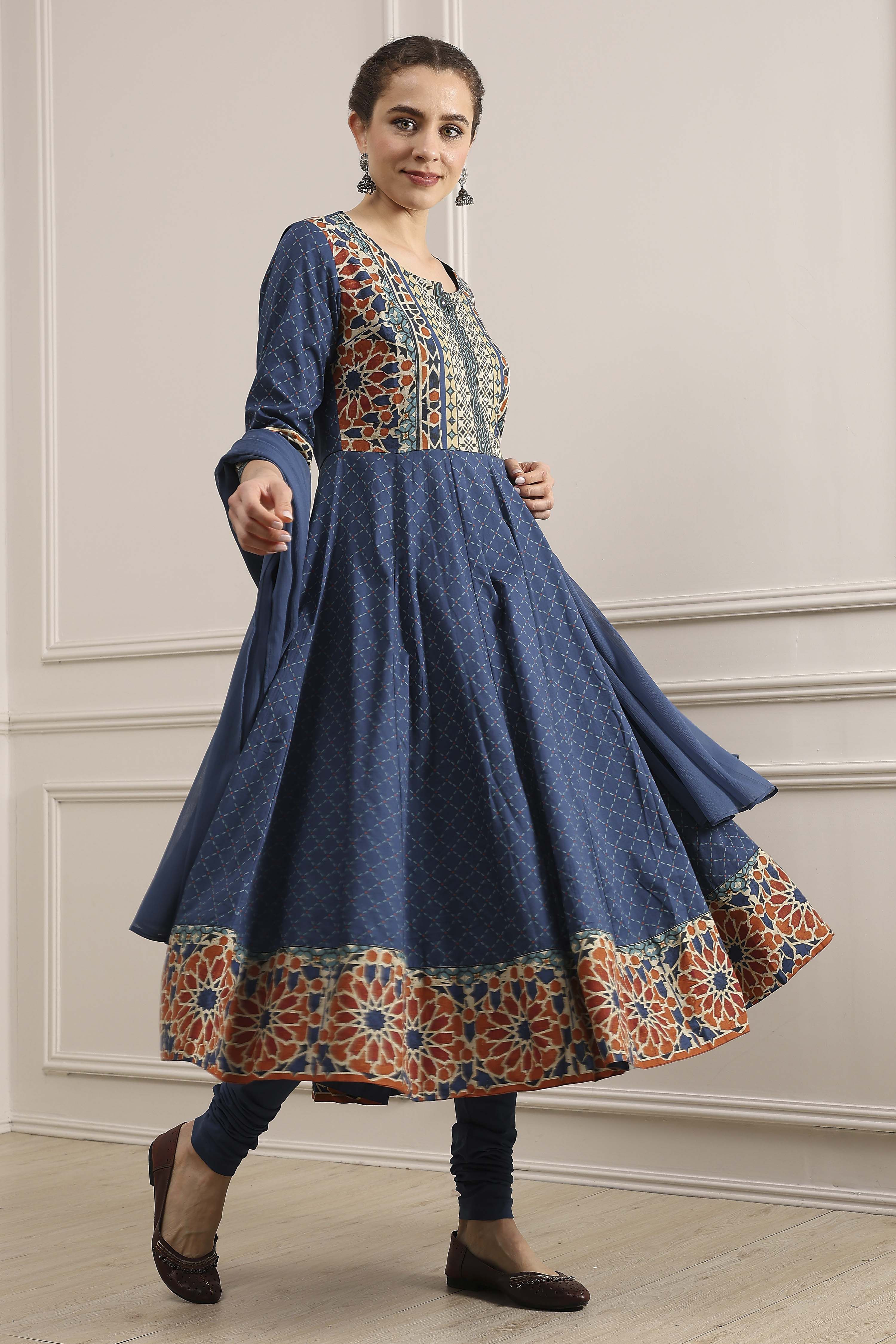 Indigo Cotton Printed Anarkali Suit Set image number 0