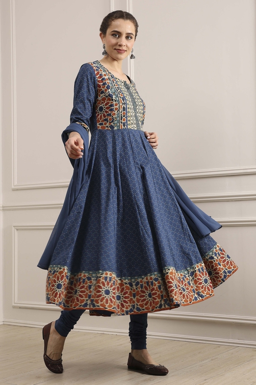 Buy Indigo Cotton Printed Anarkali Suit Set Online at Biba India Buy Indigo Cotton Printed Anarkali Suit Set Online at Biba India