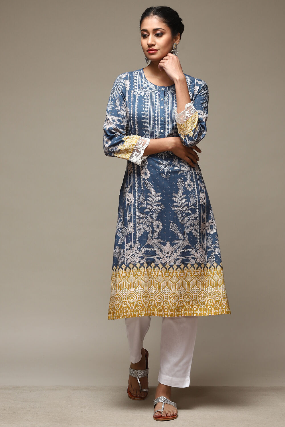 Denim Blue LIVA Straight Printed Kurta image number 5