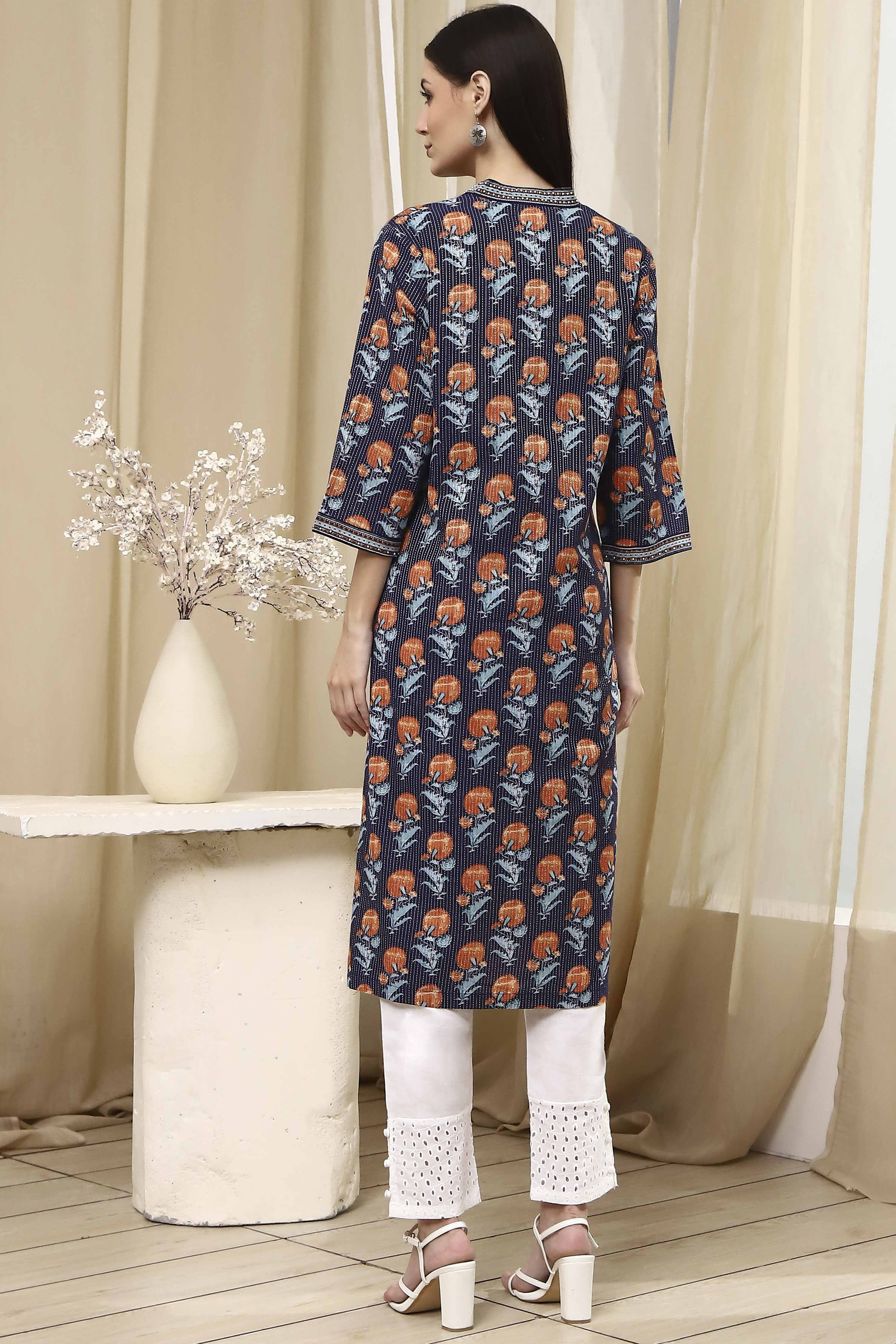 Blue Cotton Printed Straight Kurta image number 3