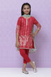 Red Cotton Girls Straight Kurta Legging Suit Set image number 0