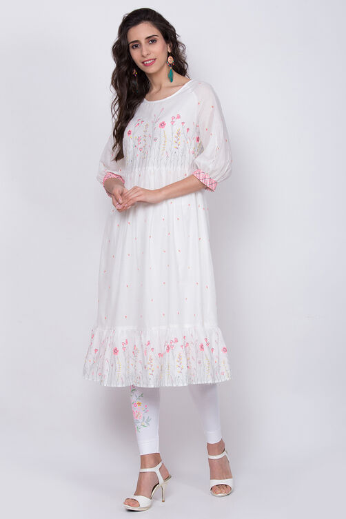 White Cotton Flared Printed Kurta image number 2