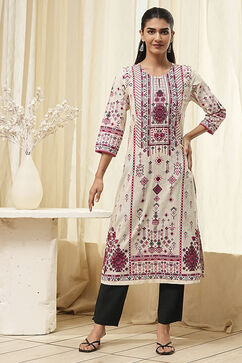 Off-White and Pink Cotton Straight Kurta image number 5