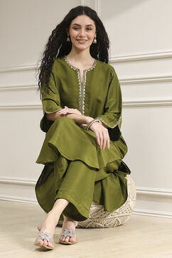 Olive Green Dyed Straight Kurta Set image number 0