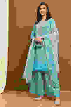 Sea Green Georgette Printed Festive Straight Suit Set image number 0